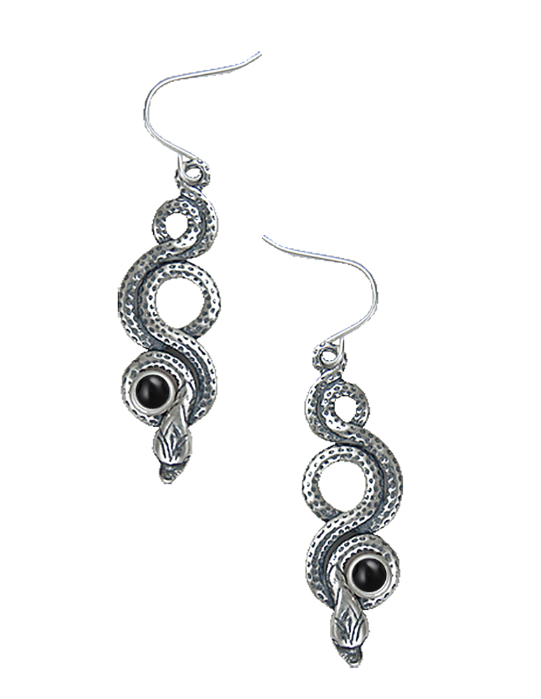 Sterling Silver Snake Drop Dangle Earrings With Black Onyx